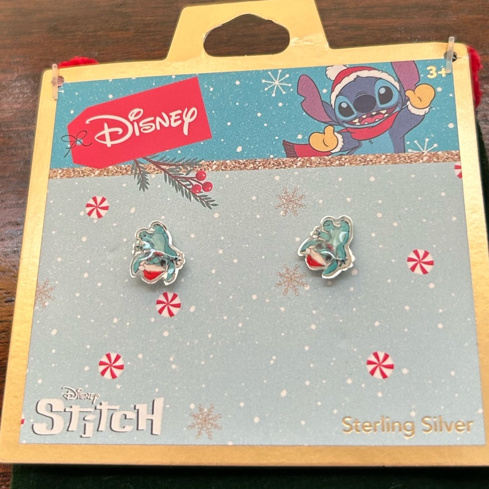 Disney Stitch Sterling Silver Earrings - Blue and Red Christmas NWT